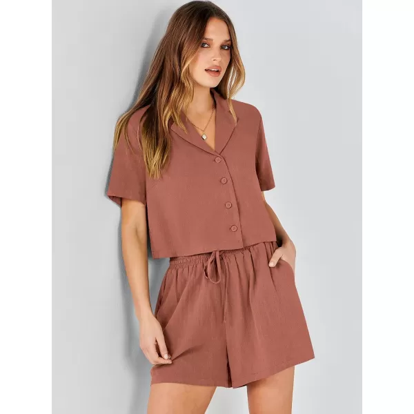 imageANRABESS Womens Two Piece Outfits Linen Sets Short Sleeve Button Crop Tops Casual Lounge Shorts Set with PocketsRust