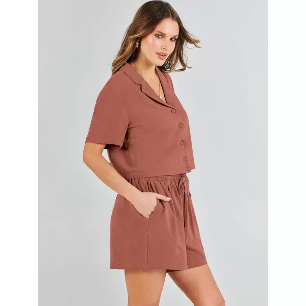 imageANRABESS Womens Two Piece Outfits Linen Sets Short Sleeve Button Crop Tops Casual Lounge Shorts Set with PocketsRust