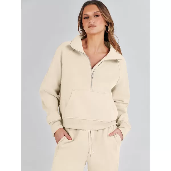 imageANRABESS Womens Two Piece Outfits Long Sleeve 2023 Fall Half Zip Sweatshirt with Jogger Pants Lounge Sets with PocketsApricot