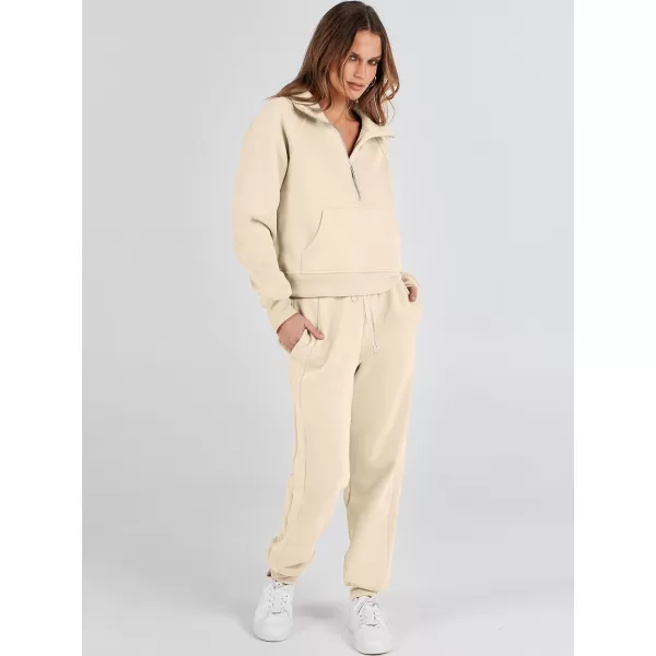 imageANRABESS Womens Two Piece Outfits Long Sleeve 2023 Fall Half Zip Sweatshirt with Jogger Pants Lounge Sets with PocketsApricot