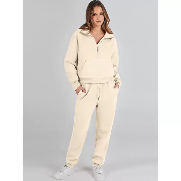 imageANRABESS Womens Two Piece Outfits Long Sleeve 2023 Fall Half Zip Sweatshirt with Jogger Pants Lounge Sets with PocketsApricot