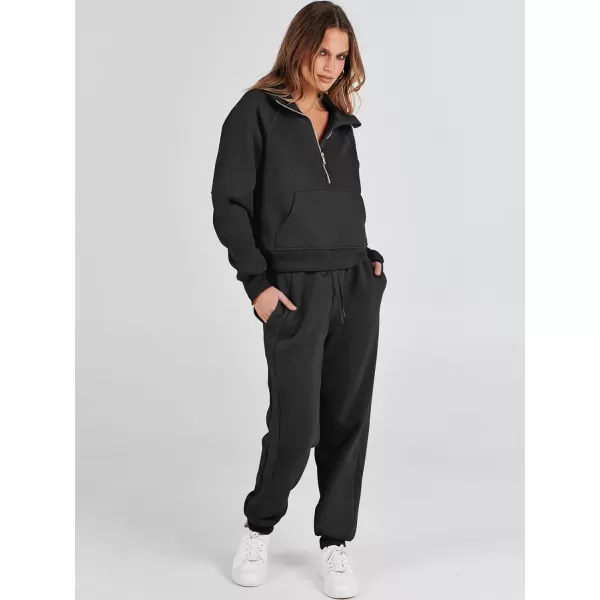 imageANRABESS Womens Two Piece Outfits Long Sleeve 2023 Fall Half Zip Sweatshirt with Jogger Pants Lounge Sets with PocketsBlack