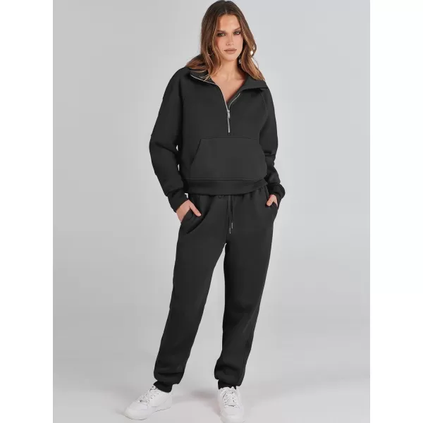 imageANRABESS Womens Two Piece Outfits Long Sleeve 2023 Fall Half Zip Sweatshirt with Jogger Pants Lounge Sets with PocketsBlack