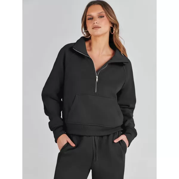 imageANRABESS Womens Two Piece Outfits Long Sleeve 2023 Fall Half Zip Sweatshirt with Jogger Pants Lounge Sets with PocketsBlack