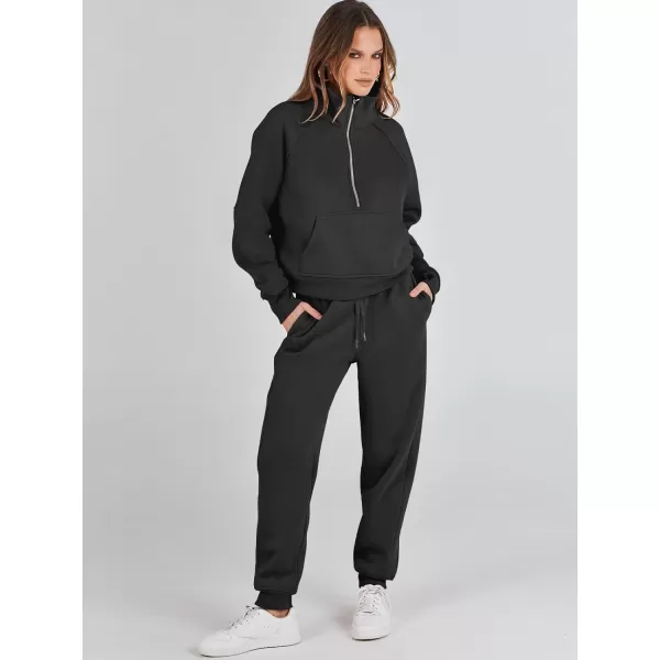 imageANRABESS Womens Two Piece Outfits Long Sleeve 2023 Fall Half Zip Sweatshirt with Jogger Pants Lounge Sets with PocketsBlack