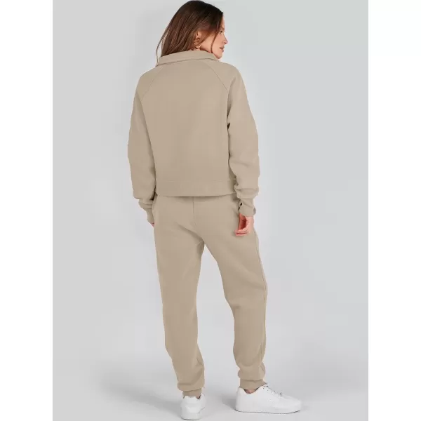 imageANRABESS Womens Two Piece Outfits Long Sleeve 2023 Fall Half Zip Sweatshirt with Jogger Pants Lounge Sets with PocketsCamel