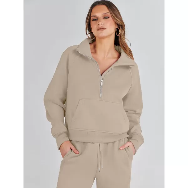 imageANRABESS Womens Two Piece Outfits Long Sleeve 2023 Fall Half Zip Sweatshirt with Jogger Pants Lounge Sets with PocketsCamel