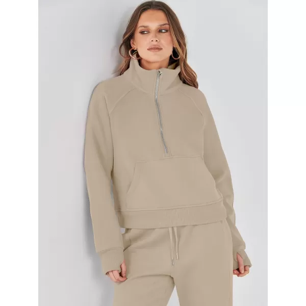 imageANRABESS Womens Two Piece Outfits Long Sleeve 2023 Fall Half Zip Sweatshirt with Jogger Pants Lounge Sets with PocketsCamel