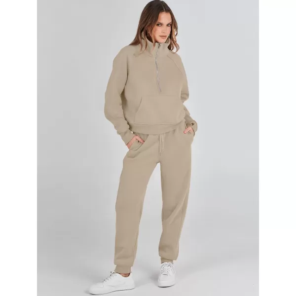 imageANRABESS Womens Two Piece Outfits Long Sleeve 2023 Fall Half Zip Sweatshirt with Jogger Pants Lounge Sets with PocketsCamel