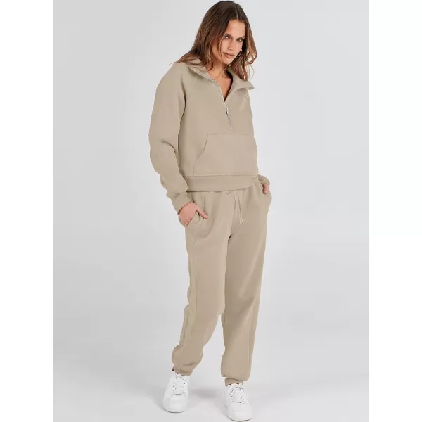 imageANRABESS Womens Two Piece Outfits Long Sleeve 2023 Fall Half Zip Sweatshirt with Jogger Pants Lounge Sets with PocketsCamel