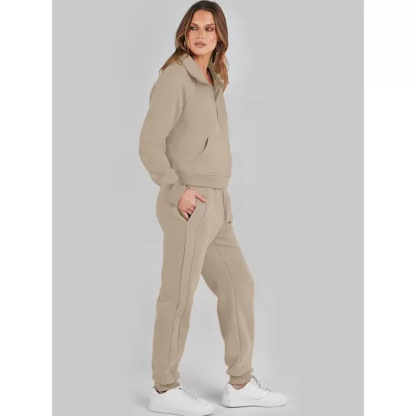 imageANRABESS Womens Two Piece Outfits Long Sleeve 2023 Fall Half Zip Sweatshirt with Jogger Pants Lounge Sets with PocketsCamel