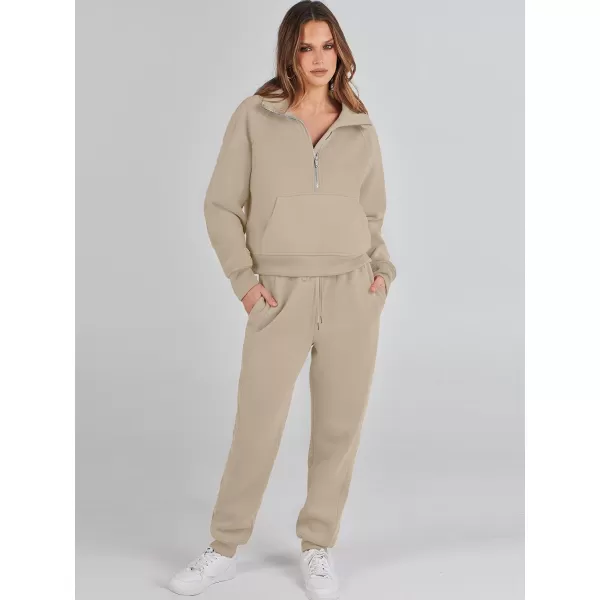 imageANRABESS Womens Two Piece Outfits Long Sleeve 2023 Fall Half Zip Sweatshirt with Jogger Pants Lounge Sets with PocketsCamel