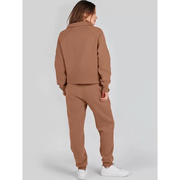 imageANRABESS Womens Two Piece Outfits Long Sleeve 2023 Fall Half Zip Sweatshirt with Jogger Pants Lounge Sets with PocketsCoffee
