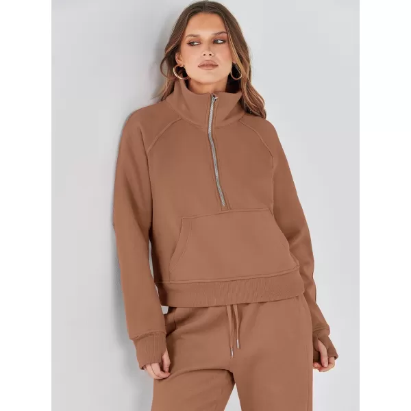 imageANRABESS Womens Two Piece Outfits Long Sleeve 2023 Fall Half Zip Sweatshirt with Jogger Pants Lounge Sets with PocketsCoffee