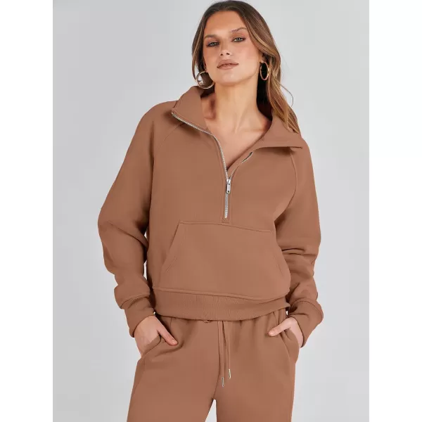 imageANRABESS Womens Two Piece Outfits Long Sleeve 2023 Fall Half Zip Sweatshirt with Jogger Pants Lounge Sets with PocketsCoffee