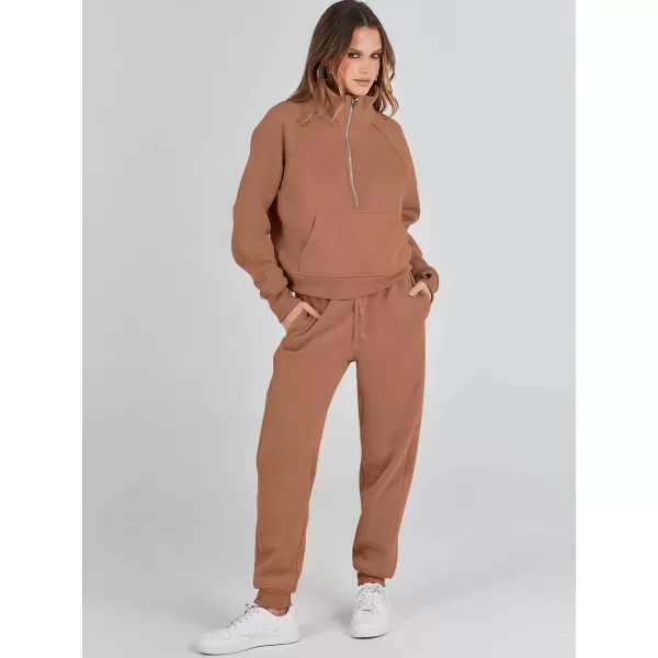 imageANRABESS Womens Two Piece Outfits Long Sleeve 2023 Fall Half Zip Sweatshirt with Jogger Pants Lounge Sets with PocketsCoffee