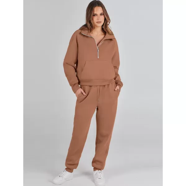 imageANRABESS Womens Two Piece Outfits Long Sleeve 2023 Fall Half Zip Sweatshirt with Jogger Pants Lounge Sets with PocketsCoffee