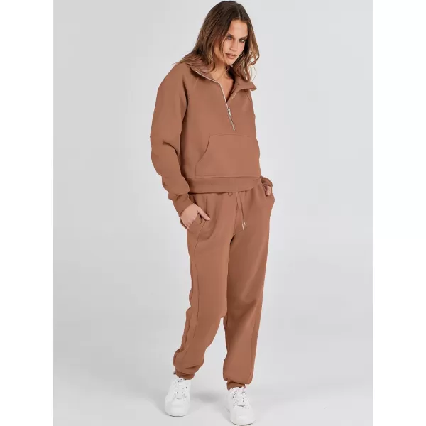 imageANRABESS Womens Two Piece Outfits Long Sleeve 2023 Fall Half Zip Sweatshirt with Jogger Pants Lounge Sets with PocketsCoffee
