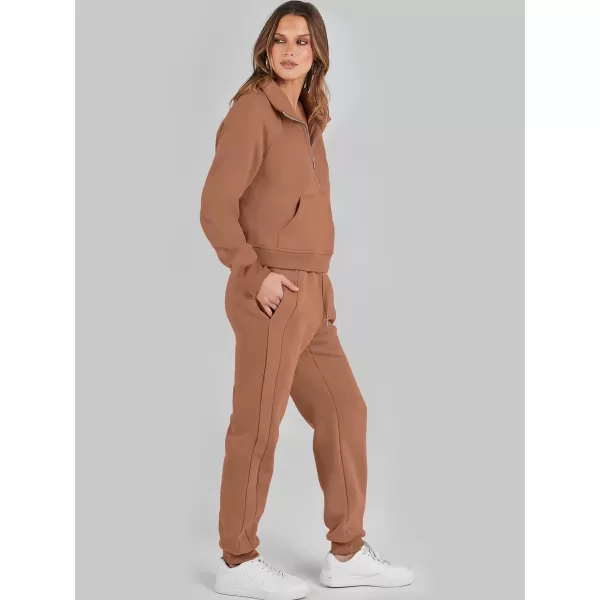 imageANRABESS Womens Two Piece Outfits Long Sleeve 2023 Fall Half Zip Sweatshirt with Jogger Pants Lounge Sets with PocketsCoffee