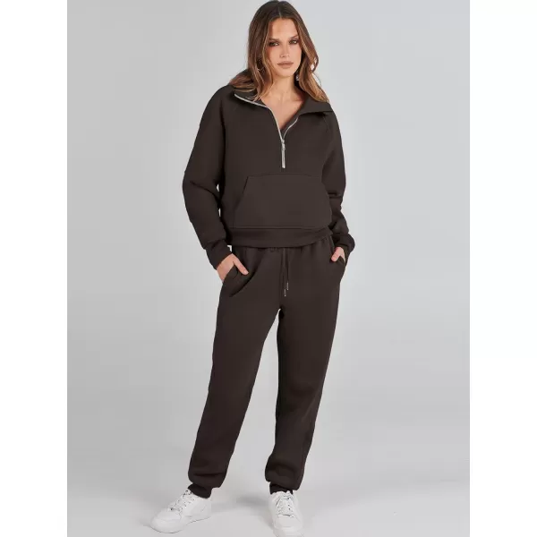 imageANRABESS Womens Two Piece Outfits Long Sleeve 2023 Fall Half Zip Sweatshirt with Jogger Pants Lounge Sets with PocketsDark Brown
