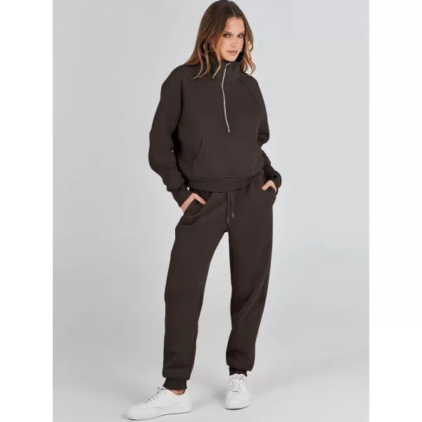 imageANRABESS Womens Two Piece Outfits Long Sleeve 2023 Fall Half Zip Sweatshirt with Jogger Pants Lounge Sets with PocketsDark Brown