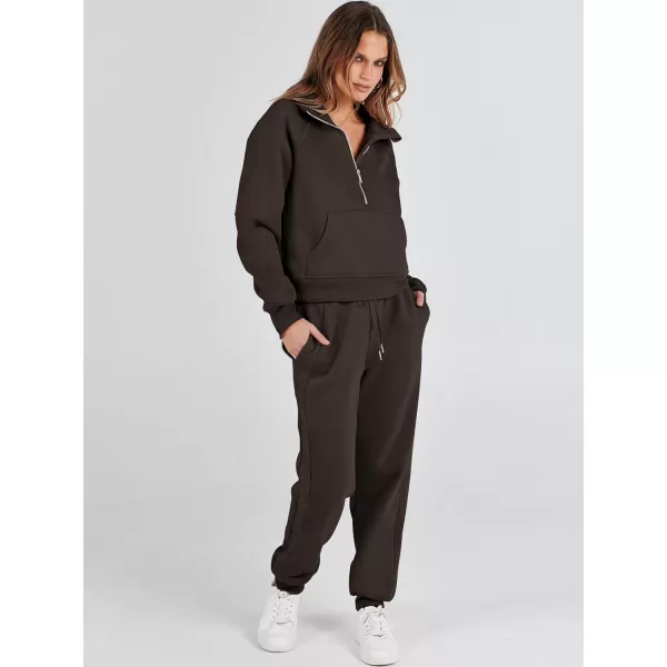 imageANRABESS Womens Two Piece Outfits Long Sleeve 2023 Fall Half Zip Sweatshirt with Jogger Pants Lounge Sets with PocketsDark Brown