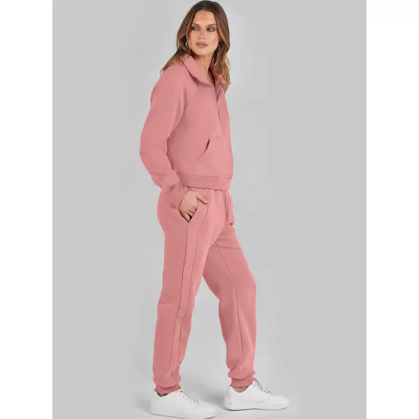 imageANRABESS Womens Two Piece Outfits Long Sleeve 2023 Fall Half Zip Sweatshirt with Jogger Pants Lounge Sets with PocketsDark Pink