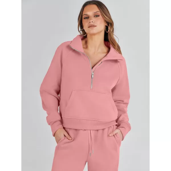 imageANRABESS Womens Two Piece Outfits Long Sleeve 2023 Fall Half Zip Sweatshirt with Jogger Pants Lounge Sets with PocketsDark Pink