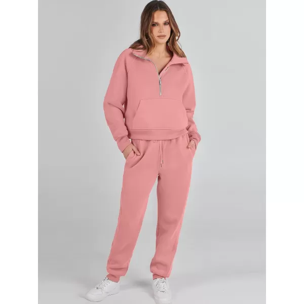 imageANRABESS Womens Two Piece Outfits Long Sleeve 2023 Fall Half Zip Sweatshirt with Jogger Pants Lounge Sets with PocketsDark Pink