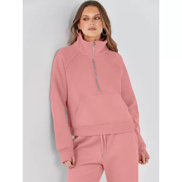 imageANRABESS Womens Two Piece Outfits Long Sleeve 2023 Fall Half Zip Sweatshirt with Jogger Pants Lounge Sets with PocketsDark Pink