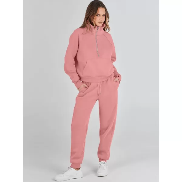 imageANRABESS Womens Two Piece Outfits Long Sleeve 2023 Fall Half Zip Sweatshirt with Jogger Pants Lounge Sets with PocketsDark Pink