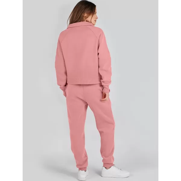 imageANRABESS Womens Two Piece Outfits Long Sleeve 2023 Fall Half Zip Sweatshirt with Jogger Pants Lounge Sets with PocketsDark Pink