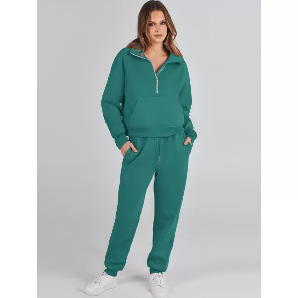 imageANRABESS Womens Two Piece Outfits Long Sleeve 2023 Fall Half Zip Sweatshirt with Jogger Pants Lounge Sets with PocketsDeep Green