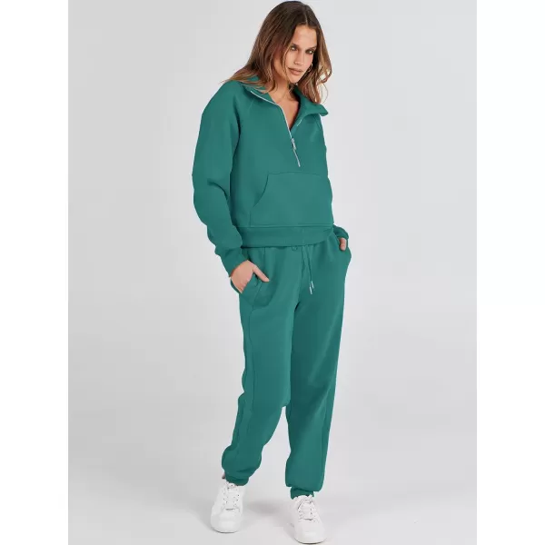 imageANRABESS Womens Two Piece Outfits Long Sleeve 2023 Fall Half Zip Sweatshirt with Jogger Pants Lounge Sets with PocketsDeep Green