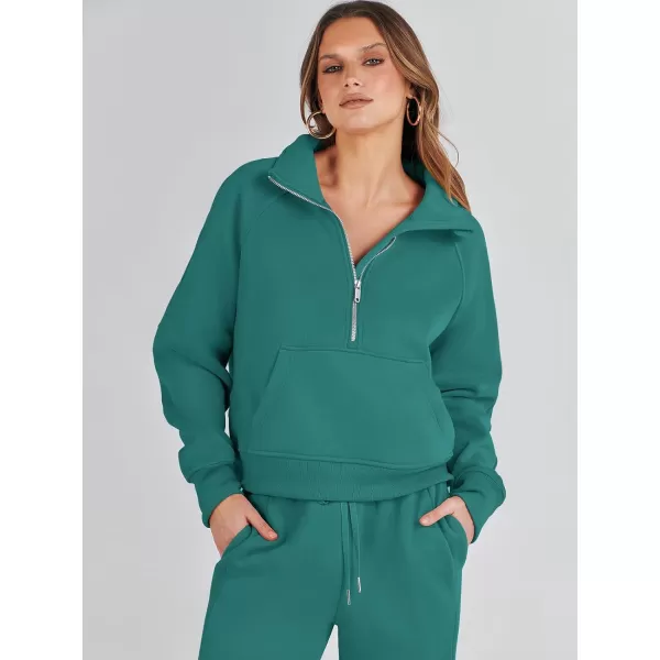 imageANRABESS Womens Two Piece Outfits Long Sleeve 2023 Fall Half Zip Sweatshirt with Jogger Pants Lounge Sets with PocketsDeep Green