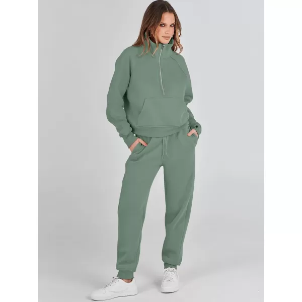 imageANRABESS Womens Two Piece Outfits Long Sleeve 2023 Fall Half Zip Sweatshirt with Jogger Pants Lounge Sets with PocketsGreen