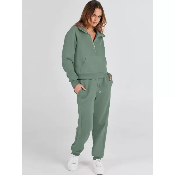 imageANRABESS Womens Two Piece Outfits Long Sleeve 2023 Fall Half Zip Sweatshirt with Jogger Pants Lounge Sets with PocketsGreen