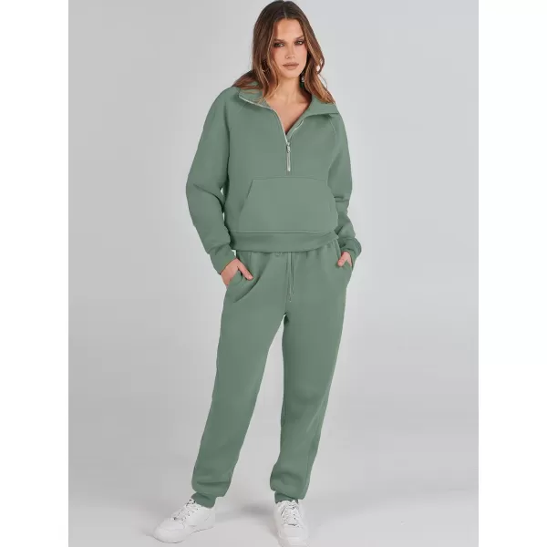 imageANRABESS Womens Two Piece Outfits Long Sleeve 2023 Fall Half Zip Sweatshirt with Jogger Pants Lounge Sets with PocketsGreen
