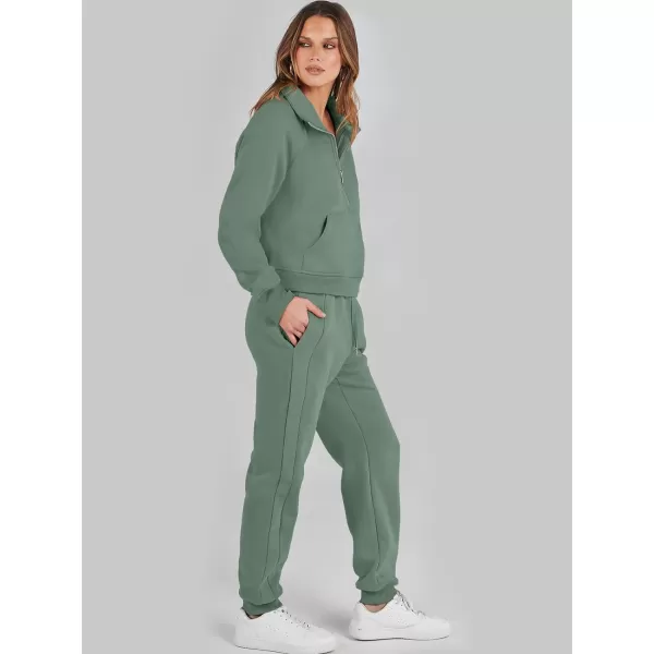 imageANRABESS Womens Two Piece Outfits Long Sleeve 2023 Fall Half Zip Sweatshirt with Jogger Pants Lounge Sets with PocketsGreen