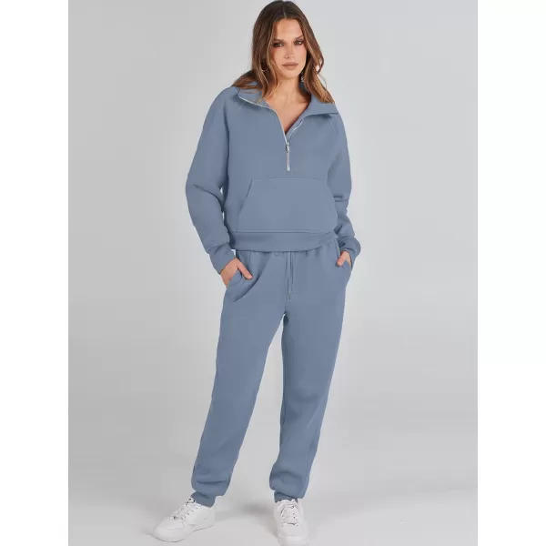 imageANRABESS Womens Two Piece Outfits Long Sleeve 2023 Fall Half Zip Sweatshirt with Jogger Pants Lounge Sets with PocketsGrey Blue