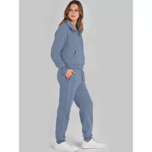 imageANRABESS Womens Two Piece Outfits Long Sleeve 2023 Fall Half Zip Sweatshirt with Jogger Pants Lounge Sets with PocketsGrey Blue