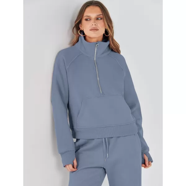 imageANRABESS Womens Two Piece Outfits Long Sleeve 2023 Fall Half Zip Sweatshirt with Jogger Pants Lounge Sets with PocketsGrey Blue