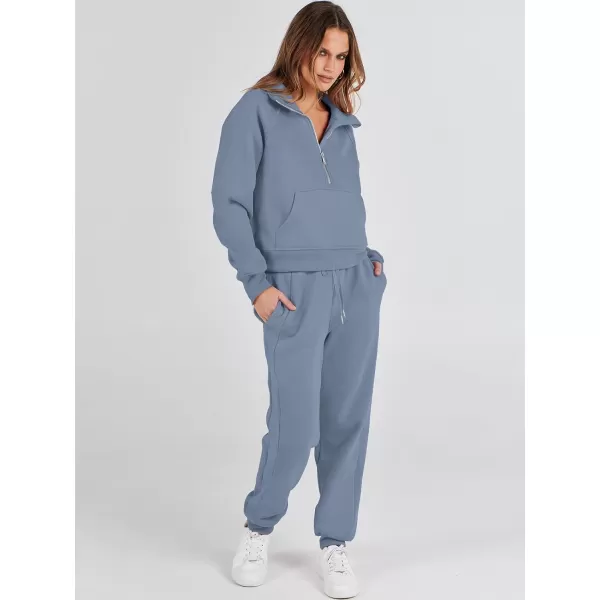 imageANRABESS Womens Two Piece Outfits Long Sleeve 2023 Fall Half Zip Sweatshirt with Jogger Pants Lounge Sets with PocketsGrey Blue