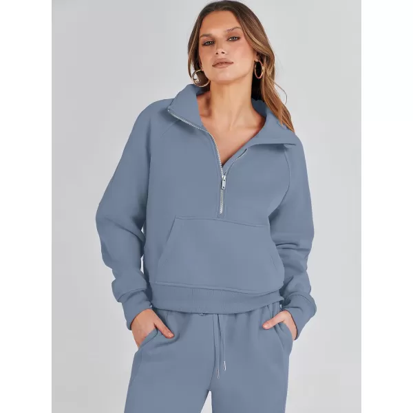 imageANRABESS Womens Two Piece Outfits Long Sleeve 2023 Fall Half Zip Sweatshirt with Jogger Pants Lounge Sets with PocketsGrey Blue