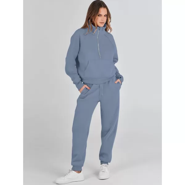 imageANRABESS Womens Two Piece Outfits Long Sleeve 2023 Fall Half Zip Sweatshirt with Jogger Pants Lounge Sets with PocketsGrey Blue