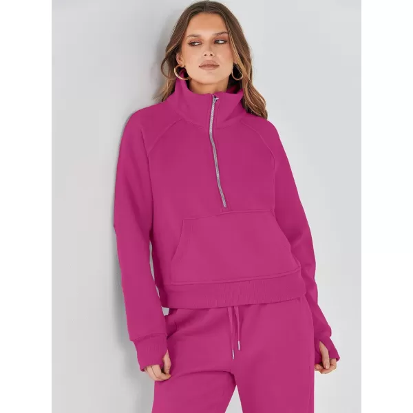 imageANRABESS Womens Two Piece Outfits Long Sleeve 2023 Fall Half Zip Sweatshirt with Jogger Pants Lounge Sets with PocketsHot Pink