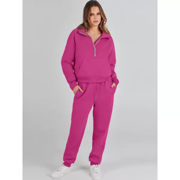 imageANRABESS Womens Two Piece Outfits Long Sleeve 2023 Fall Half Zip Sweatshirt with Jogger Pants Lounge Sets with PocketsHot Pink