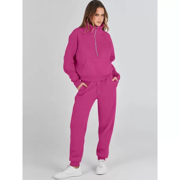imageANRABESS Womens Two Piece Outfits Long Sleeve 2023 Fall Half Zip Sweatshirt with Jogger Pants Lounge Sets with PocketsHot Pink