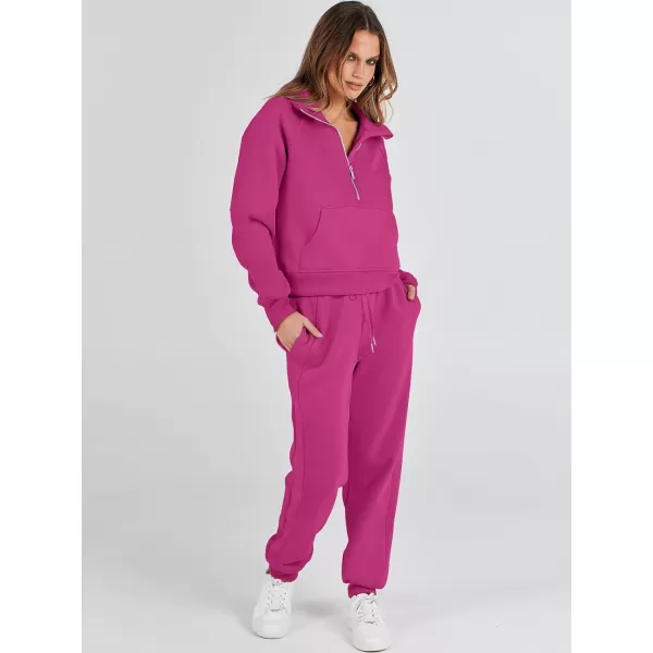 imageANRABESS Womens Two Piece Outfits Long Sleeve 2023 Fall Half Zip Sweatshirt with Jogger Pants Lounge Sets with PocketsHot Pink