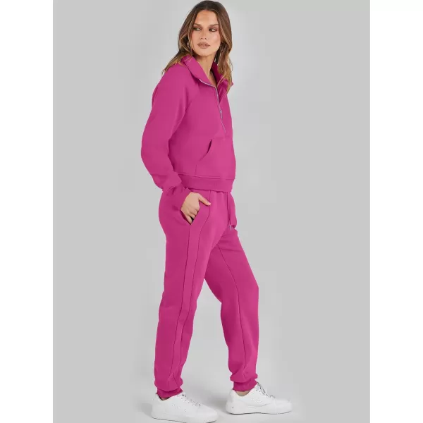 imageANRABESS Womens Two Piece Outfits Long Sleeve 2023 Fall Half Zip Sweatshirt with Jogger Pants Lounge Sets with PocketsHot Pink